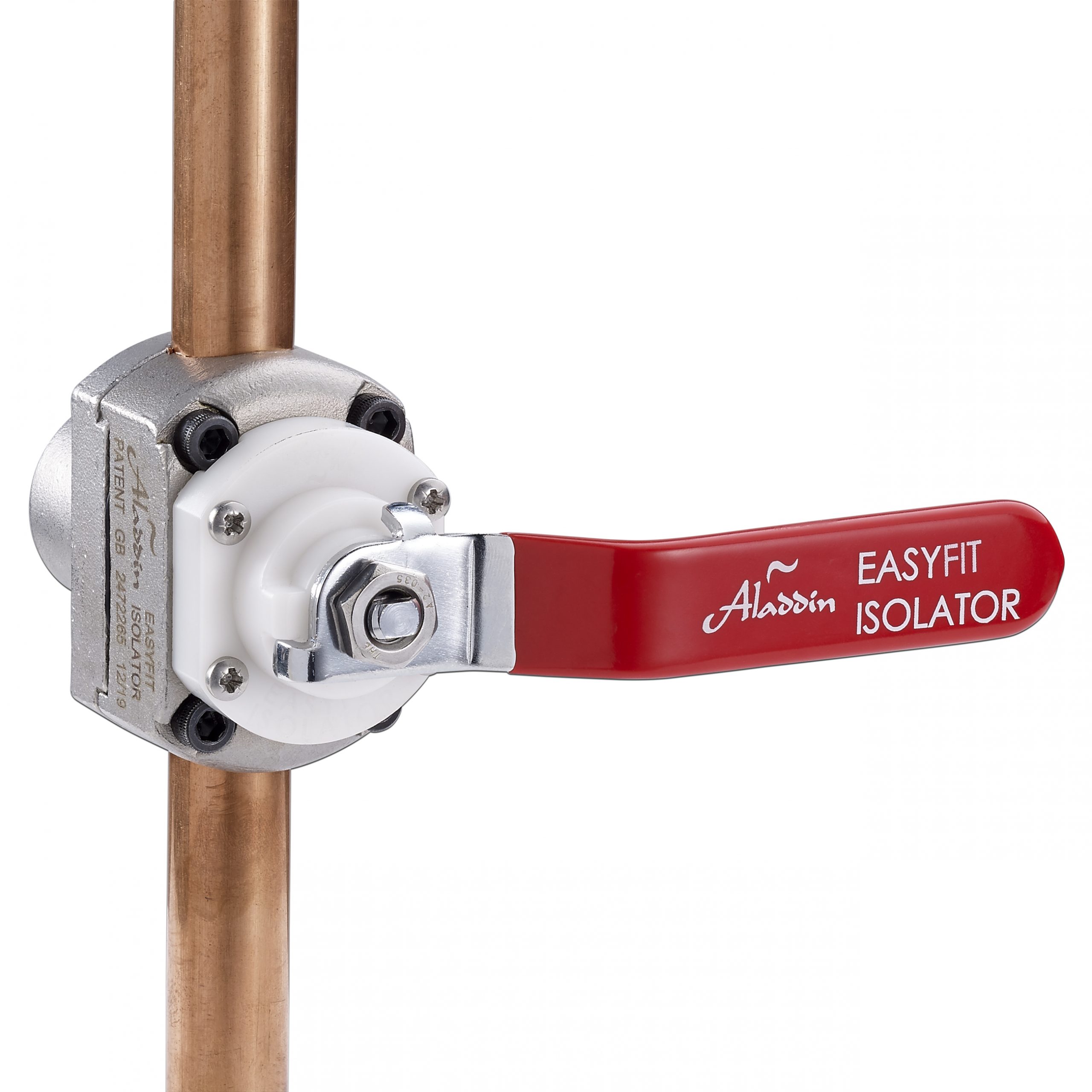 alt="Aladdin EasyFit Isolator shuts off live hot or cold water, no freezing or draining down burst pipes or seized ball valve/stopcock/gate valve.">